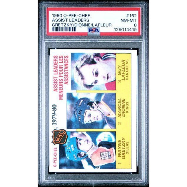 1980 O-Pee-Chee #162 Assist Leaders Gretzky/Dionne/LaFleur PSA 8