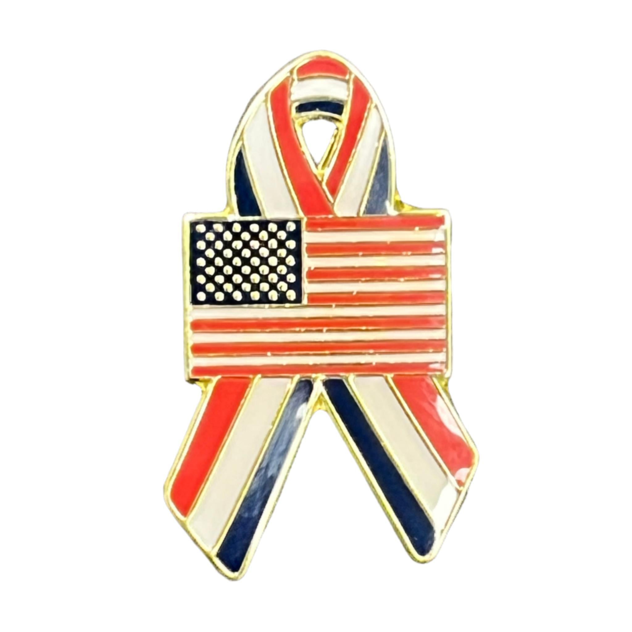 American Flag with Patriotic Ribbon Enamel Lapel Pin – Red, White & Blue Tribute Pin