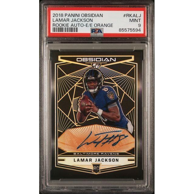 2018 Panini Obsidian Rookie Autographs #RKALJ Lamar Jackson Rookie Auto-E/E Orange PSA 9
