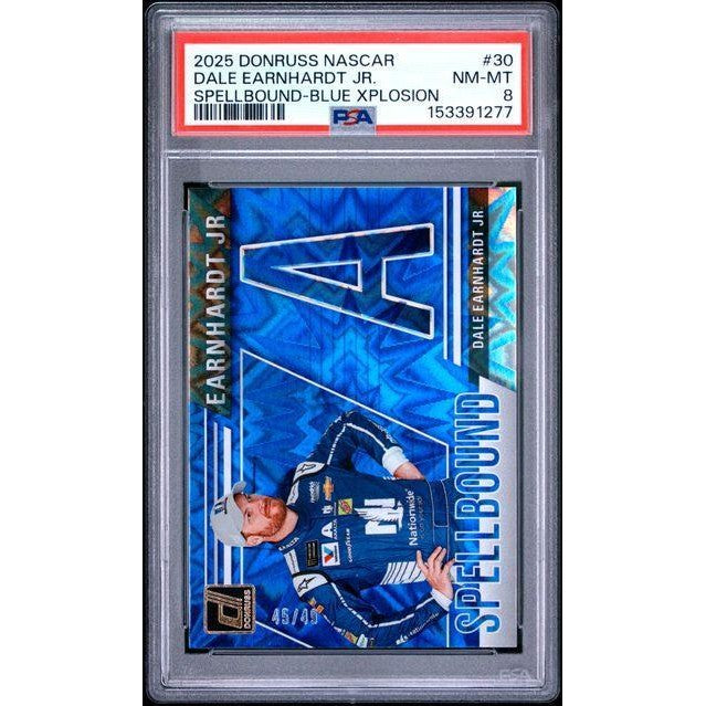 Dale Earnhardt Jr 2025 Donruss NASCAR Spellbound Blue Xplosion #30 PSA 8