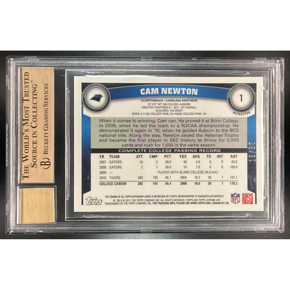 Back of graded Cam Newton rookie card showing stats and BGS label