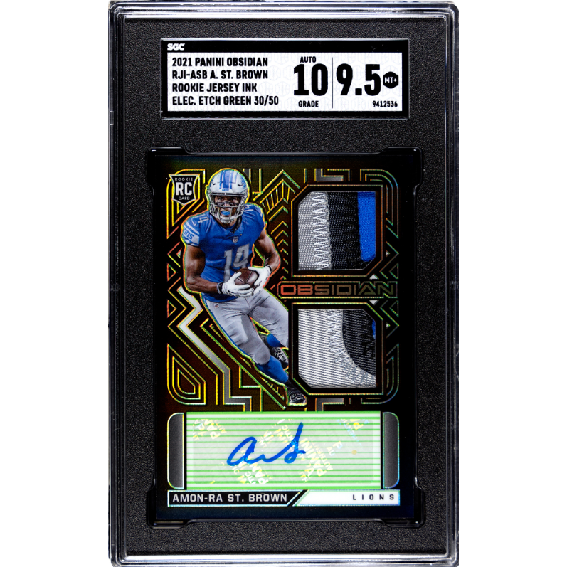 Amon-Ra St. Brown 2021 Panini Obsidian Electric Etch Green Rookie Jersey Ink #RJI-ASB 30/50 – SGC 9.5
