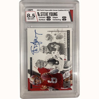 Score a true collector's item with this single card featuring the legendary Steve Young from the San Francisco 49ers! This 2021 Panini Impeccable Canvas Creations card is numbered 09/15 and comes with a HGA Grade 8.5, making it a must-have for any sports fan. Get this exclusive piece of memorabilia while you still can!