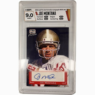 Capture a piece of the San Francisco 49ers' legendary history with this 2022 Leaf Pro Set Portrait of Joe Montana, autographed and graded HGA 9.0. With this single card, you'll add immense value and prestige to your collection. What NFL legend will you add to your collection next?