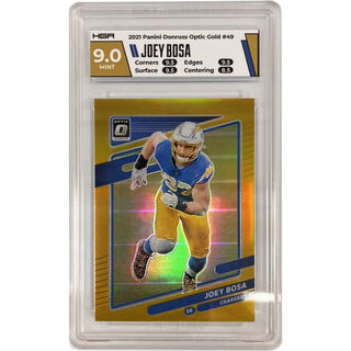 Ignite your collection with this rare 2021 Panini Donruss Optic Gold card of Joey Bosa, #49 of the LA Chargers. This stunning piece of memorabilia is graded HGA 9.0 with a near-perfect 9/10 condition, perfectly preserving Bosa's legacy as one of the NFL's greatest defensive ends!