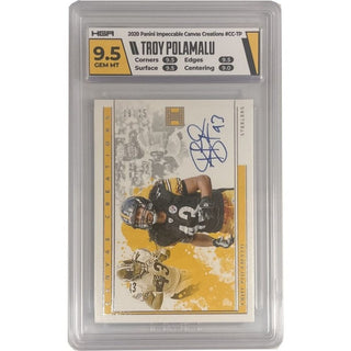 Discover the ultimate collector's edition of Troy Polamalu - Steelers with this rare single card! Boasting a 2020 Panini Impeccable Canvas Creations design, this limited-edition card #CC-TP is graded a HGA 9.5. Featuring Troys' autograph, this is a must-have for any true fan!