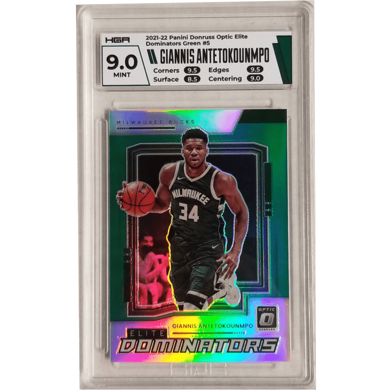 Giannis Antetokounmpo: 2021-22 Panini Donruss Optic Elite Dominators Green #5 HGA 9.0