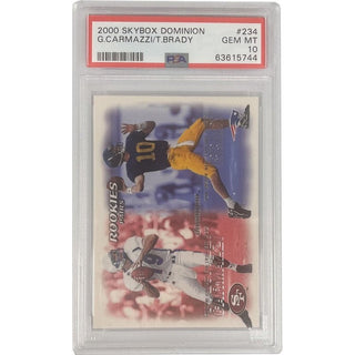 This is an amazing piece of football memorabilia! The 2000 Fleer Skybox Dominion Rookie Pairs Card featuring Giovanni Carmazzi and Tom Brady, representing the San Francisco 49'ers and New England Patriots, is a must-have for any collector. With this card's PSA 10 rating, you can be sure of its unparalleled quality and condition! Don't miss out on this valuable investment!