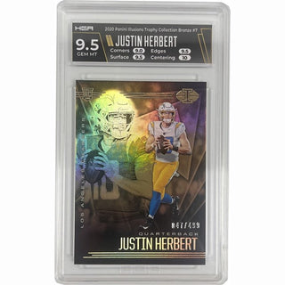 Upgrade your sports card collection with this unique single rookie card featuring NFL phenom Justin Herbert. It is part of the 2020 Panini Illusions- Trophy Collection Bronze. Graded HGA 9.5, it's one of only 499 produced - a rare collectible that'll make any fan cheer!