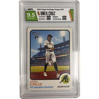 Experience 2022 Topps Heritage in all its glory with this phenomenal rookie card of Oneil Cruz! The HGA 9.5 rating makes it a must-have for any Pittsburgh Pirates fan, while the #157 card number adds to its exclusivity. Bring home this unique collectible and add a touch of excellence to your collection.