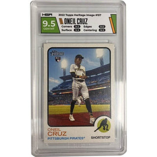 Experience 2022 Topps Heritage in all its glory with this phenomenal rookie card of Oneil Cruz! The HGA 9.5 rating makes it a must-have for any Pittsburgh Pirates fan, while the #157 card number adds to its exclusivity. Bring home this unique collectible and add a touch of excellence to your collection.