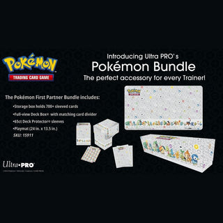 Pokémon First Partner Bundle includes:  store box holds 700+ sleeved cards, full view deck box with matching card divider, 65 count Deck Protector sleeves, and 24 inch by 13.5 inch playmat