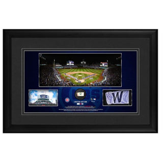 Framed Art: Chicago Cubs Panoramic Collage with Piece of Game Use Baseball