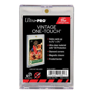 Keep your valuable vintage cards safe and sound with One Touch: Vintage - Ultra Pro! This premium storage and display offers slide-in hinges, magnetic closure, and UV-blocking additives to protect your cards from harmful UV-rays and keep them pristine. Non-PVC materials guarantee acid-free protection, while the holder can accommodate vintage size cards up to 35pt in thickness (2" x 3 ¾"). So don't sweat it, your card collection is in safe hands!