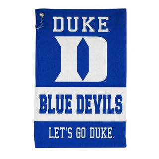 This Duke Blue Devils Fan Towel is a multi-purpose product. The 16" x 25" towel features a brass grommet and a hook that can clip to a golf bag, hanger, or belt loop. Use it on the links, in the garage, or at your next cook out. This towel is full color printed on a soft polyester front with durable cotton back. Printed in the USA on imported materials. Officially licensed.