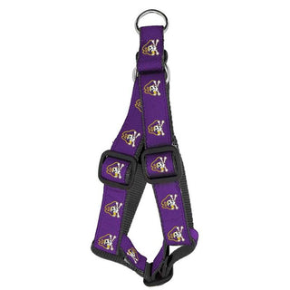 Dog Harness: Every Pirate pup will love to rock this ECU harness! This purple collar is made of double stitched grosgrain ribbon sublimated team logos on heavy duty nylon webbing. Completed with top quality hardware.  Matches our Dog Leash: East Carolina University - Purple  Officially licensed product.  Made in the USA