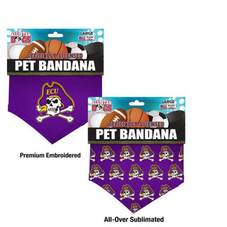East Carolina University Pirates Dog Bandana  Cotton Shirting pet bandana with embroidered team logo. Also available as all-over print sublimated poly blends. Traditionally tied or with the collar running through the opening.  Sizes: Small – 22", Large – 30"  Officially licensed product.  Made in the USA