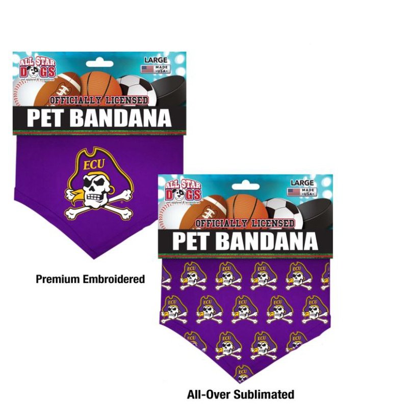 East Carolina University Pirates Dog Bandana  Cotton Shirting pet bandana with embroidered team logo. Also available as all-over print sublimated poly blends. Traditionally tied or with the collar running through the opening.  Sizes: Small – 22", Large – 30"  Officially licensed product.  Made in the USA