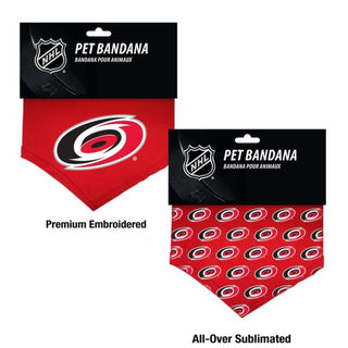 Carolina Hurricanes NHL Dog Bandana:  Let your favorite Canine show off their Cane Pride with this colorful bandana! Cotton Shirting pet bandana with embroidered Canes logo. Also available as all-over print sublimated poly blends. Traditionally tied or with the collar running through the opening.  Sizes: Small – 22", Large – 30"  Officially licensed product.  Made in the USA