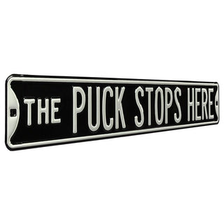 Puck Stops Steel Street Sign- Black Silver Letters