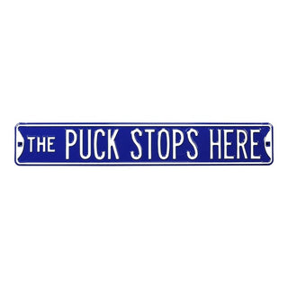 Puck Stops Steel Street Sign Blue White Letters
