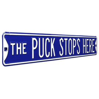 Puck Stops Steel Street Sign Blue White Letters