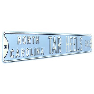 UNC, North Carolina Chapel Hill Carolina Blue street sign with white "North Carolina Tar Heels Ave" lettering