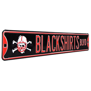 Nebraska Cornhuskers Blackshirts Blvd Street Sign - Black background, red lettering, white skull and cross bones wearing Nebraska football helmet on left of lettering