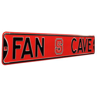 North Carolina State University Steel Street Sign, NC State, Red Street Sign with Black boarder & lettering "Fan Cave", NC State logo centered within sign
