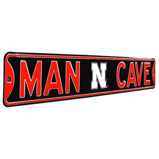 Nebraska Cornhuskers "Man Cave" Street Sign. Black background sign with red "Man Cave" letter & white NE Cornhuskers "N" logo