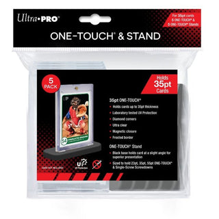 This combo pack is the perfect way for presenting your favorite sports cards, collectible trading cards and rare gaming cards.  This pack includes:  Five (5) 35PT ONE-TOUCH displays Five (5) ONE-TOUCH Stands for standard cards (2-1/2" X 3-1/2") up to 35pt in thickness.